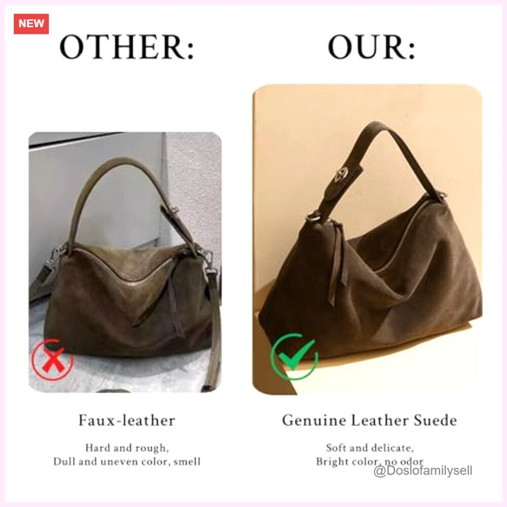 Genuine Leather Suede Tote Hobo Shoulder Crossbody Bag Vintage Slouchy Purse - Picture 4 of 7